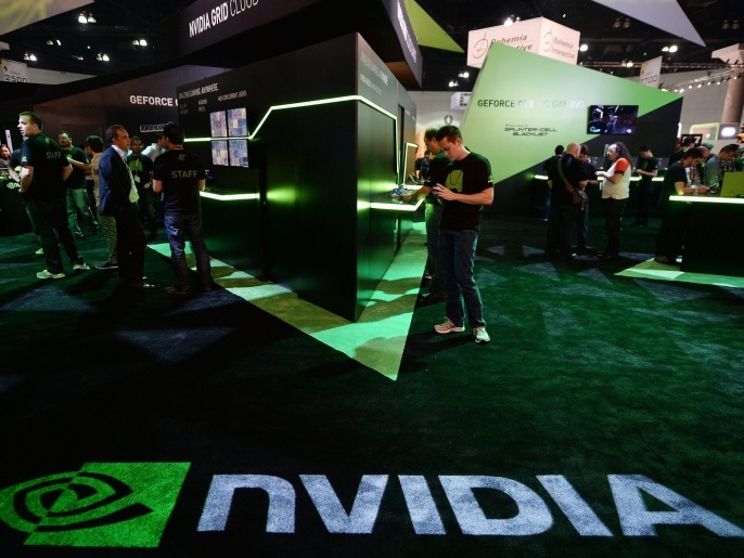 The Nvidia display is seen on the first day of the Electronic Entertainment Expo (E3) in Los Angeles, California, June 11, 2013. The Electronic Entertainment Expo (E3), an annual trade fair for the computer and video games industry, runs from June 11-13.
